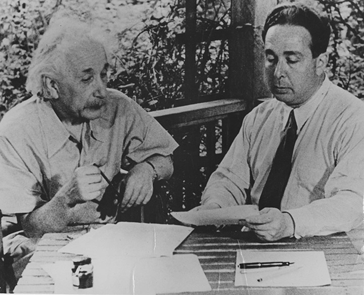 Szilard working with Albert Einstein on his letter to President Roosevelt, which resulted in the Manhattan Project.