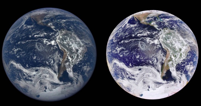 An EPIC Natural Color image (left) and an Enhanced Color image (right) of the Earth on January 26, 2017. Credits: NASA/NOAA
